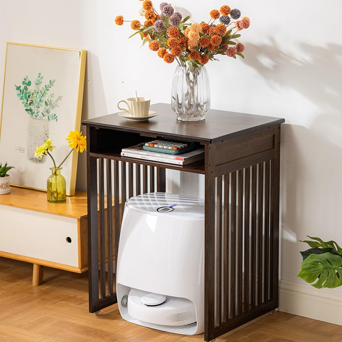 Saugroboter, 52 cm, Braun, versteckter Schrank für, Holzaufbewahrung, Nachttisch, kompakter Staubsauger für Wohnzimmer
