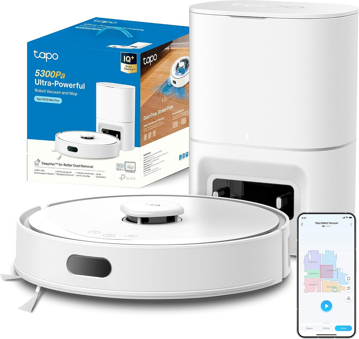 Tapo Saugroboter, Weiß, RV30 Max Plus mit Wischfunktion und automatischer, 5300Pa Ultra Starke Saugkraft, LiDAR+IMU Dual-Navigation