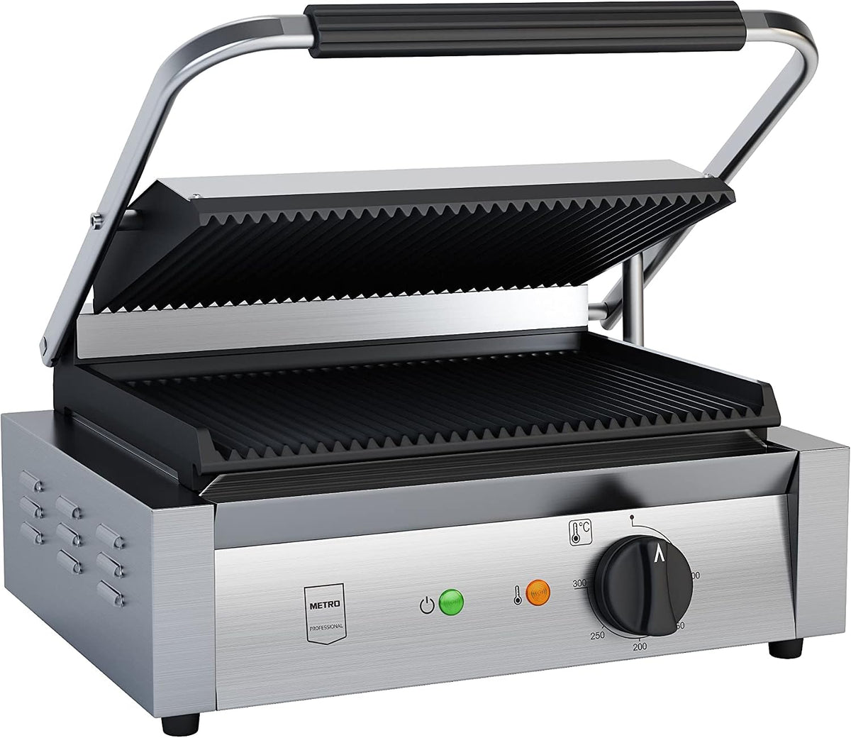 METRO Professional Elektrische Tischgrills, 3000 W, Silber, Kontaktgrill SINGLE GPG1201, Rostfreier Stahl, geriffelte Grillfläche