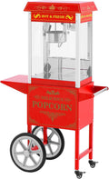 Royal Catering Popcorn-Maschinen, 1500 W, 5 kg, Rot, Popcornmaschine mit Wagen, Unterschrank und Ablage Retro-Design in /h 195/235 °C