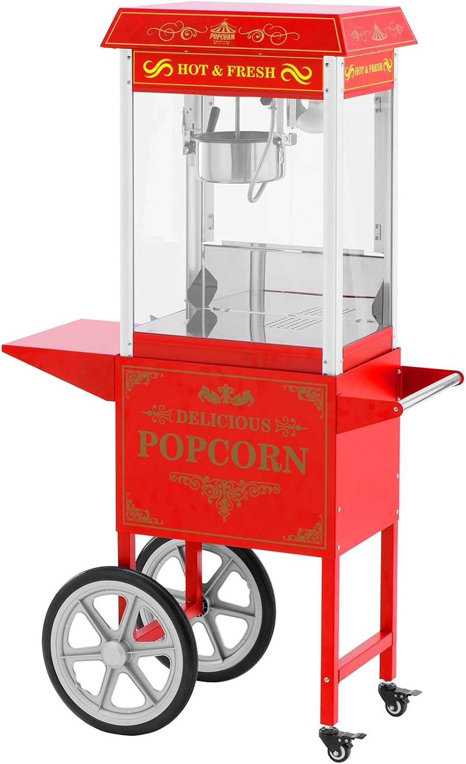 Royal Catering Popcorn-Maschinen, 1500 W, 5 kg, Rot, Popcornmaschine mit Wagen, Unterschrank und Ablage Retro-Design in /h 195/235 °C