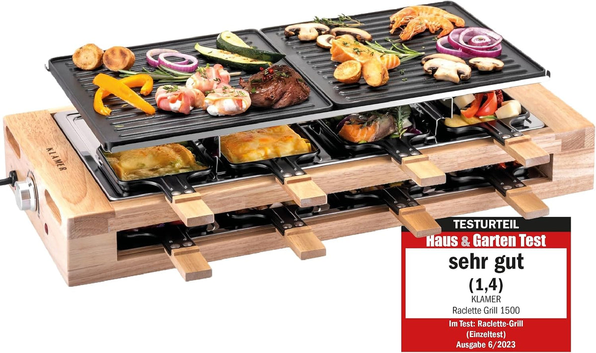 KLAMER Raclettes, Braun, Raclette Grill für 8 Personen mit Holzgestell und ILAG