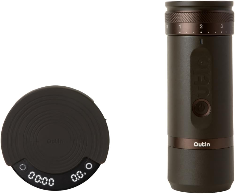 OutIn Kaffeemaschine, Schwarz, Fino tragbare elektrische Kaffeemühle und Claro tragbare