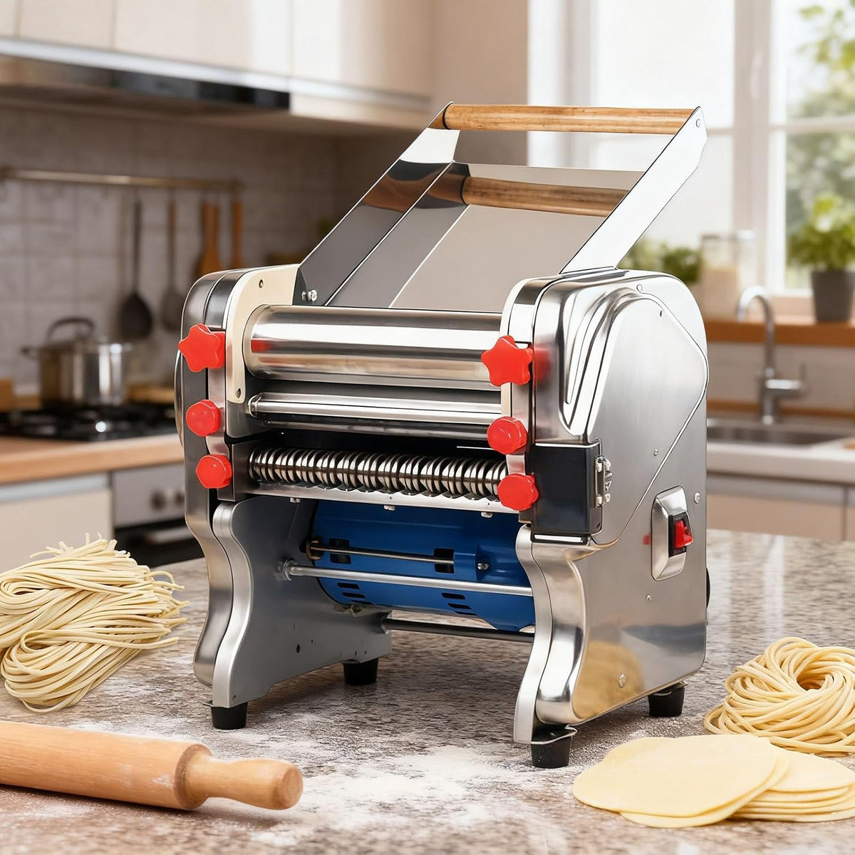 Glowdora Nudelmaschinen, 550 W, Edelstahl, Schwarz, Gewerbliche Nudelmaschine Mit Elektrischer Teigwalze Und, Einstellbare Dicke Für Fettuccine