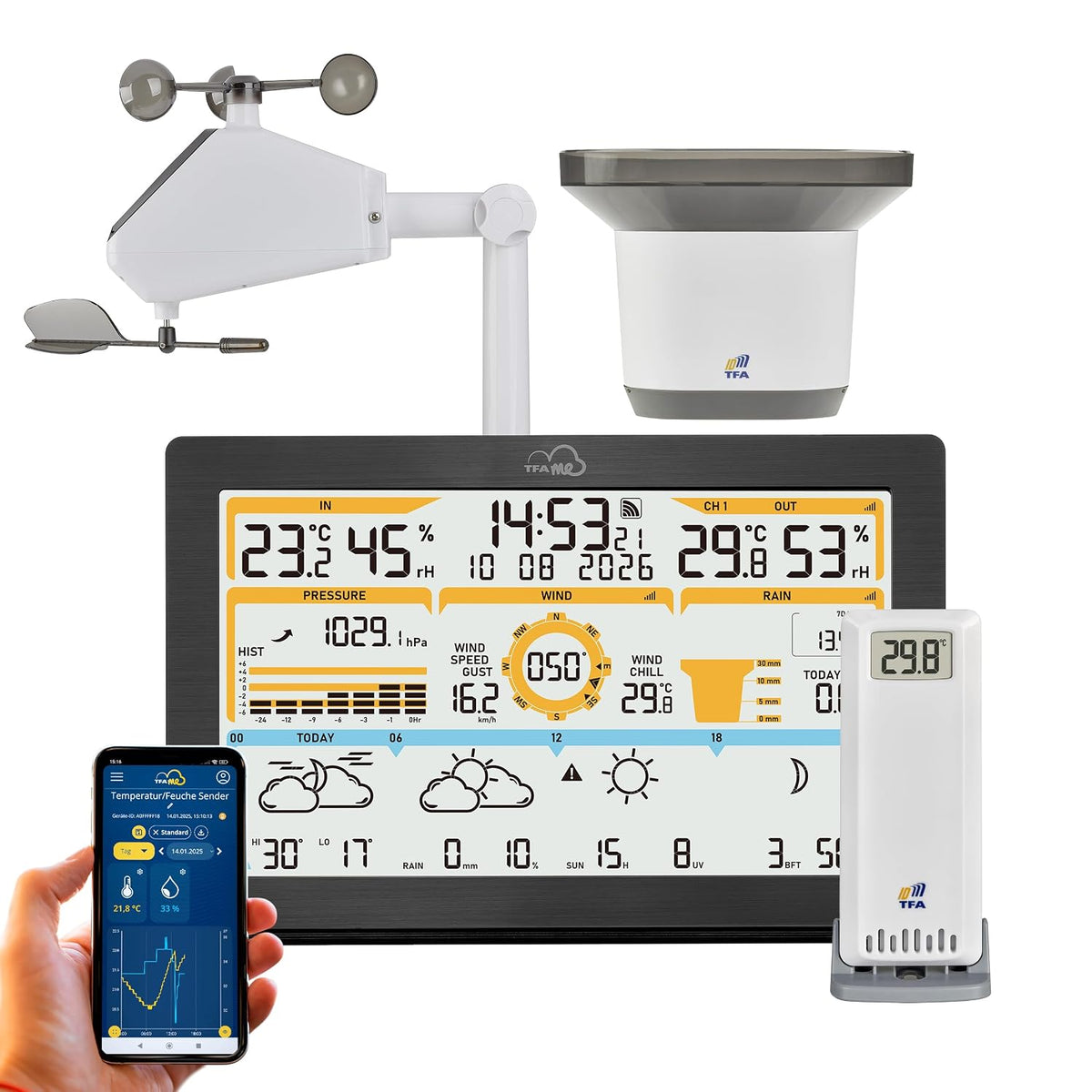 TFA Dostmann Wetterstationen, Schwarz, WLAN Wetterstation .me ID-05 8-in-1, 35.8106, Profi-Wettervorhersage wetter.com 4 Tage