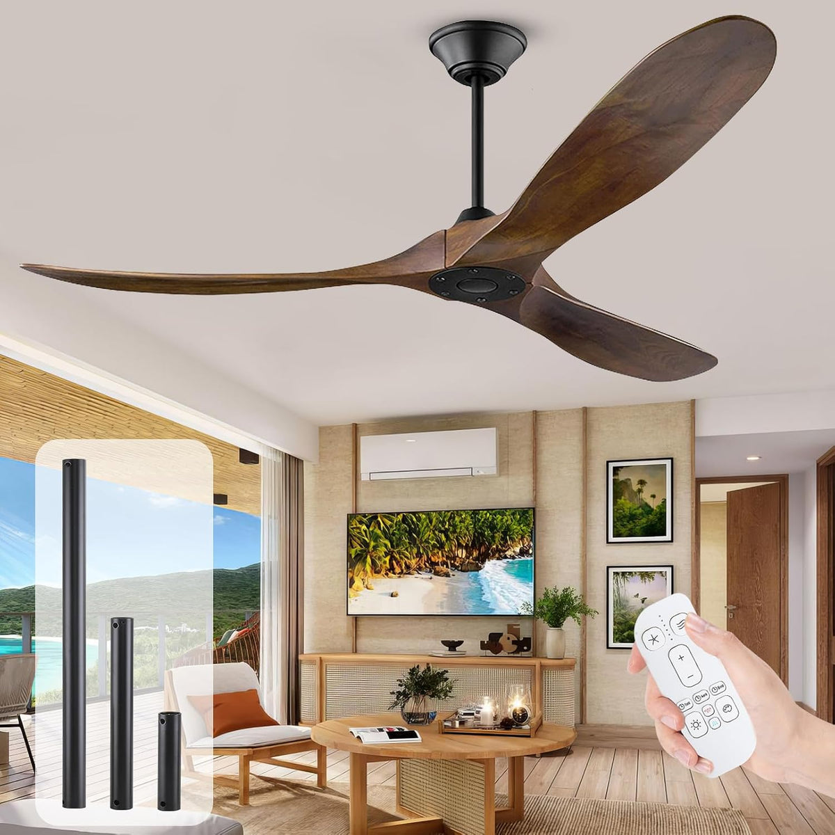 OUENGK Deckenventilator, 178 cm, Weiß, Großer ohne Beleuchtung mit Fernbedienung, aus Holz für den Außenbereich