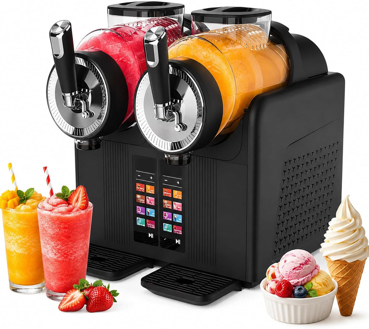 AUTUMFLATGAO Eismaschine, 2×2 L / 4 L Gesamt, 2 L, Schwarz, Slush Eis Maschine Und Soft, 2-in-1 Slush Maschine Mit Doppeltank