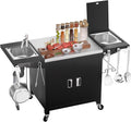 GFTIME Pizzaofen, 155x63x89 cm, Silber, Grillwagen, outdoorküche, rollbare Kücheninsel aus Edelstahl mit Aufbewahrungsschrank