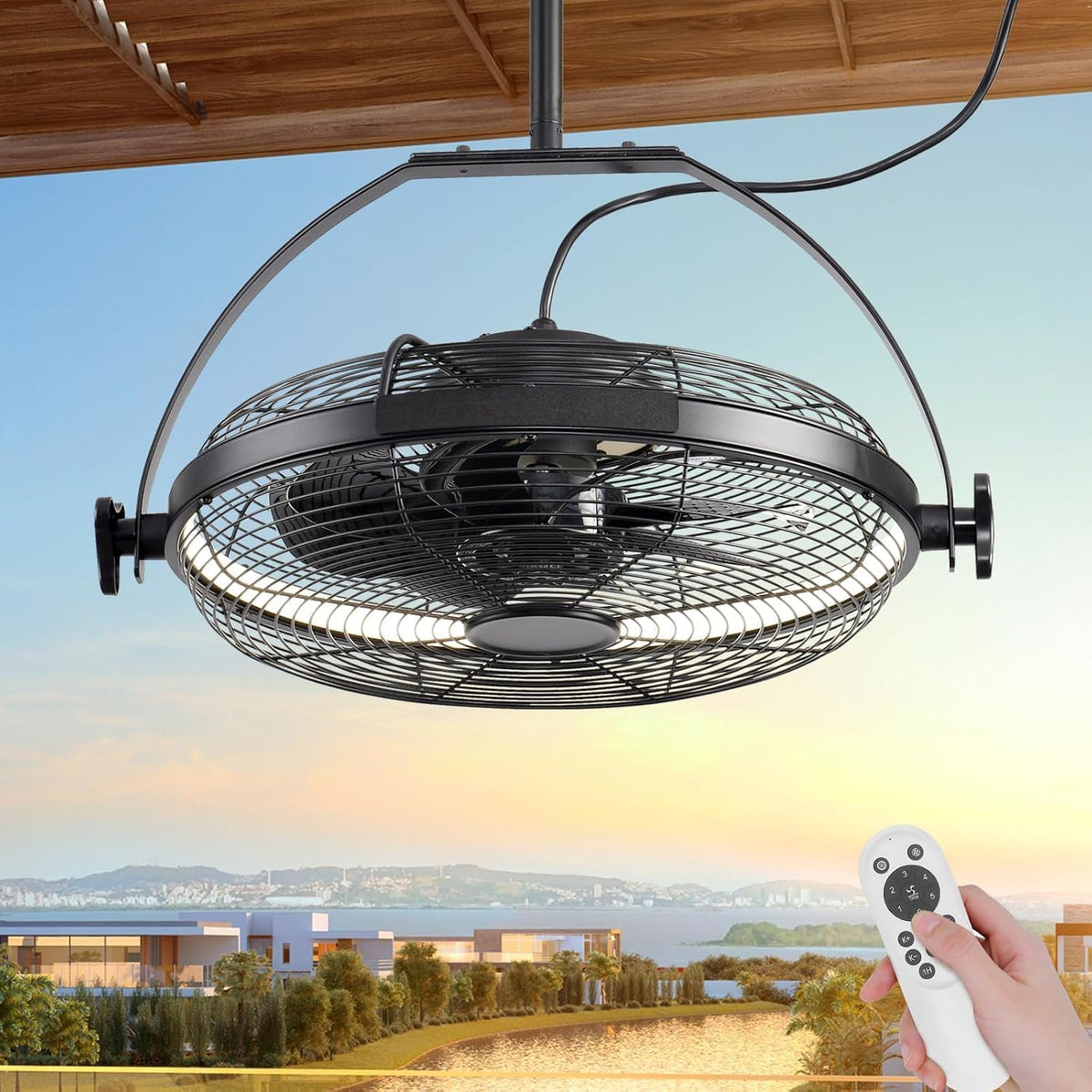 KZT Deckenventilator, 40 x 40 x 77 cm, 210 - 240 V, Metall, Weiß, mit Beleuchtung Outdoor IP65 Wasserdicht Ventilator