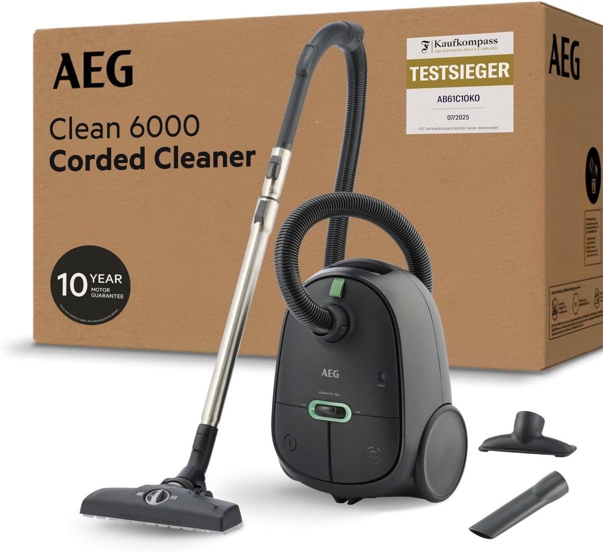 AEG Staubsauger, 12 m, Silber/Schwarz, CLEAN 6000 mit Beutel, hohe Saugleistung, Zusatzdüsen, XL-Räder, Edelstahl-Teleskoprohr