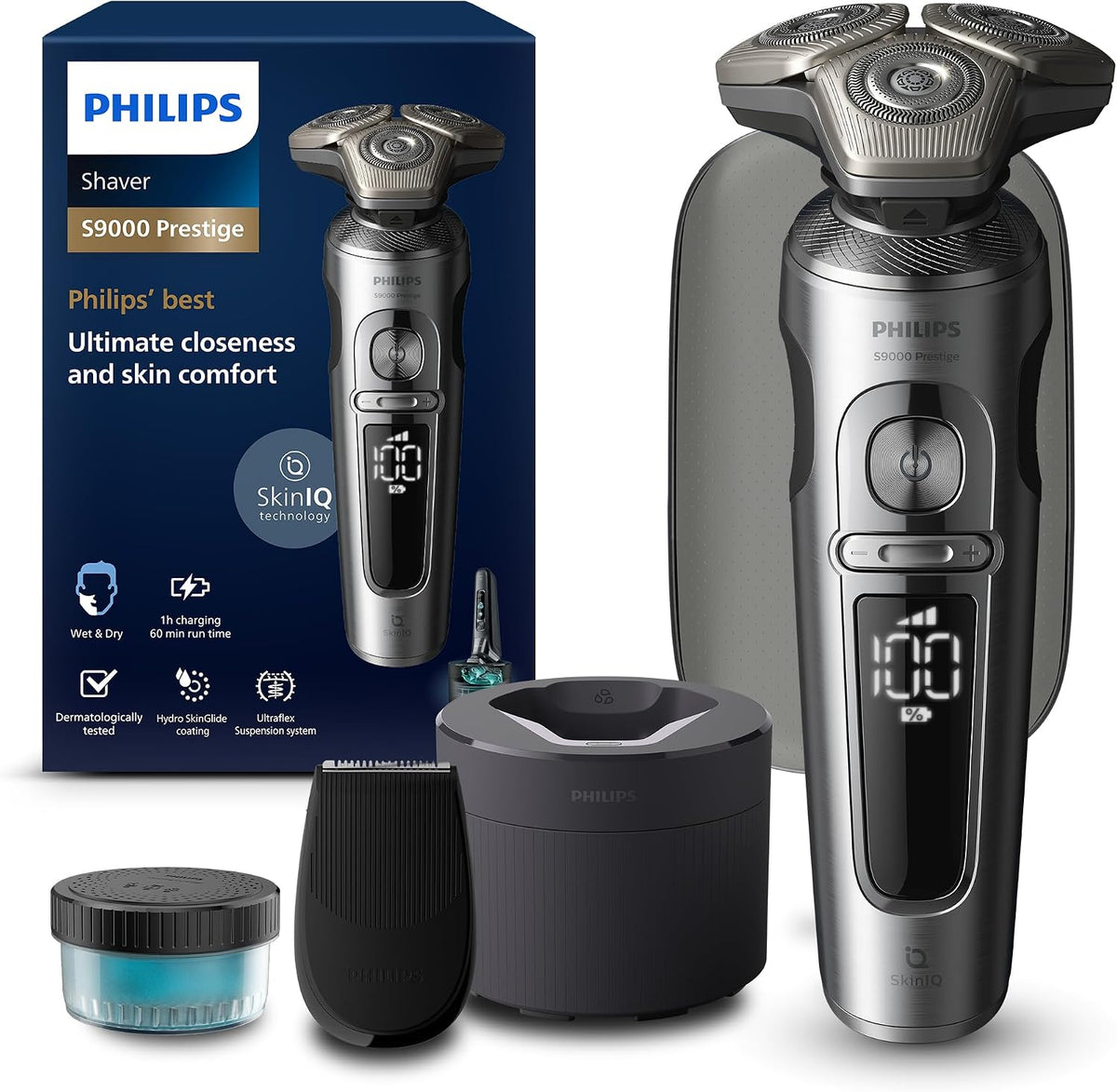 PHILIPS Elektrorasierer, Schwarz, Shaver S9000 Prestige, elektrischer Nass- & Trockenrasierer für Herren, helles Chrom