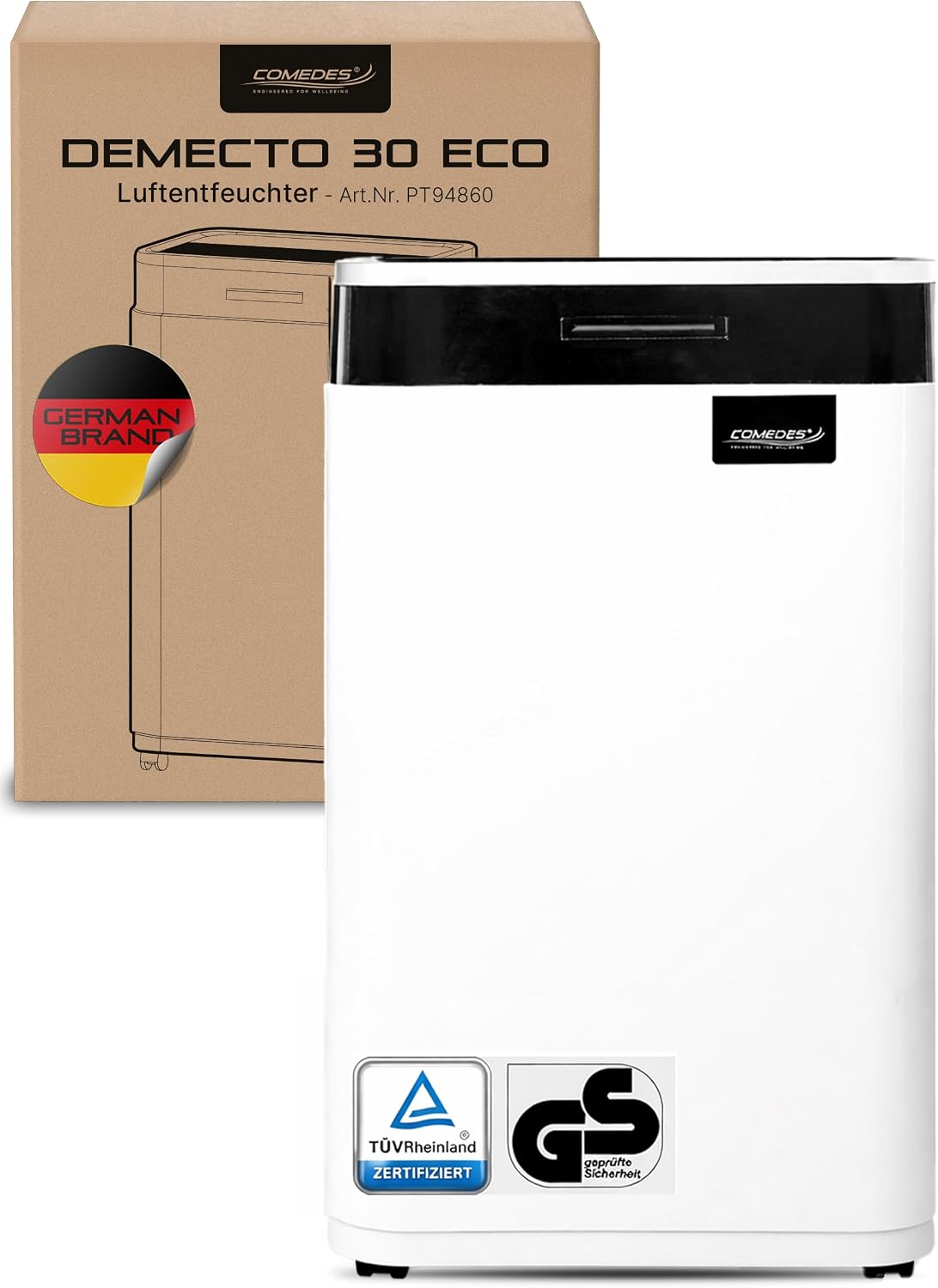 Comedes Luftentfeuchter, 25 Liter, 100m, 230m, Weiß, Demecto 30 eco, Bautrockner (max. / 24h) Geeignet für alle Räume und Keller