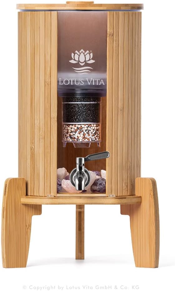 Lotus Vita Filterkannen, 4 Liter, Silber, Glas-Wasserspender mit Filter Natura Plus - Bambus