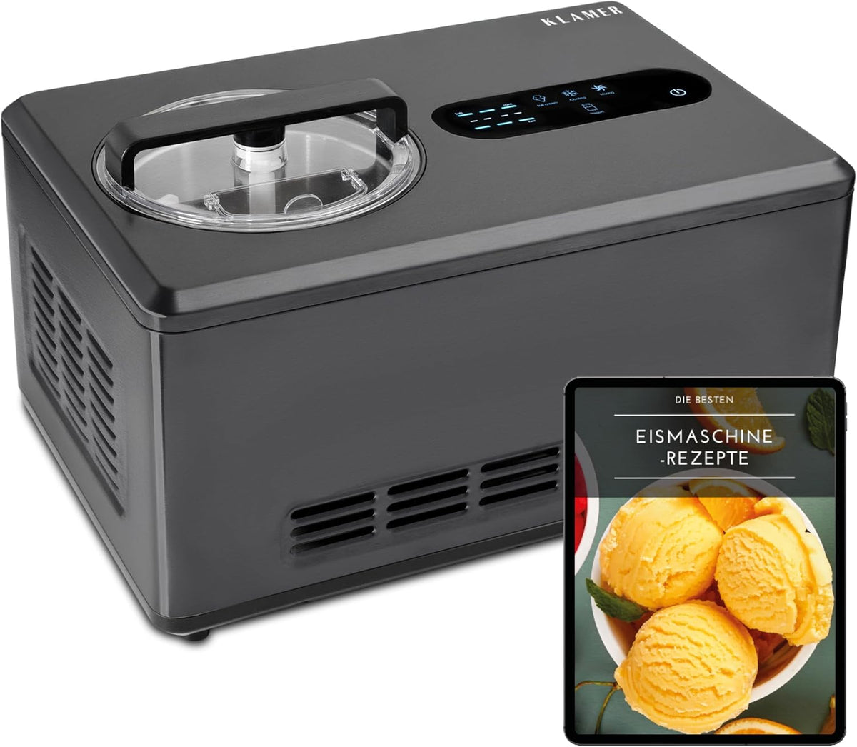 KLAMER Eismaschine, 220 W, 2 L, Schwarz, 2-in-1 Profi & Joghurtbereiter, Eiscreme