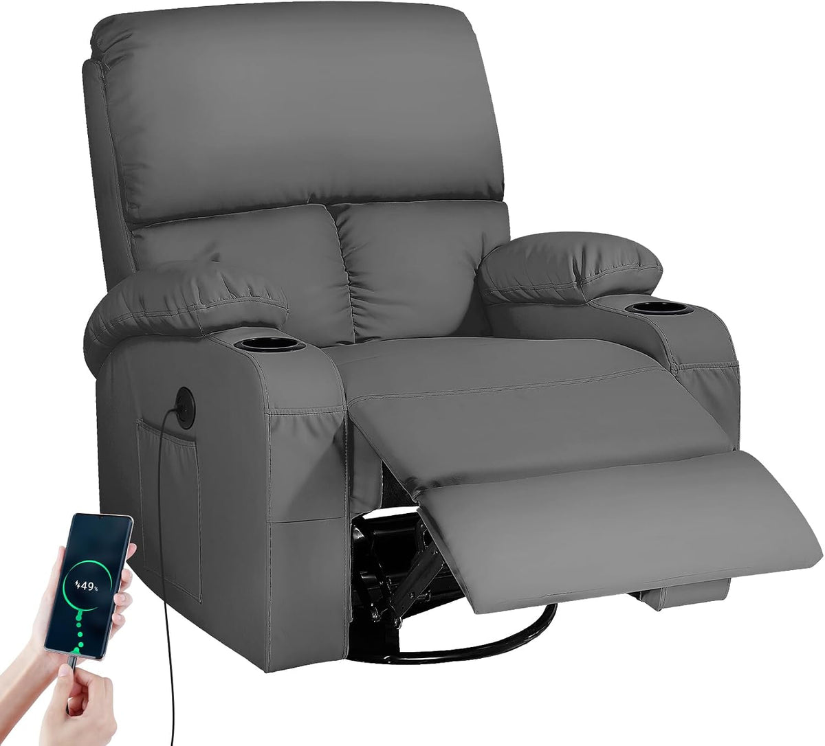 Moonlight Manor Schaukelstuhl, Grau, mit Relaxfunktion Massagesessel mit Vibration und Wärme, USB- und Type-C-Anschlüsse