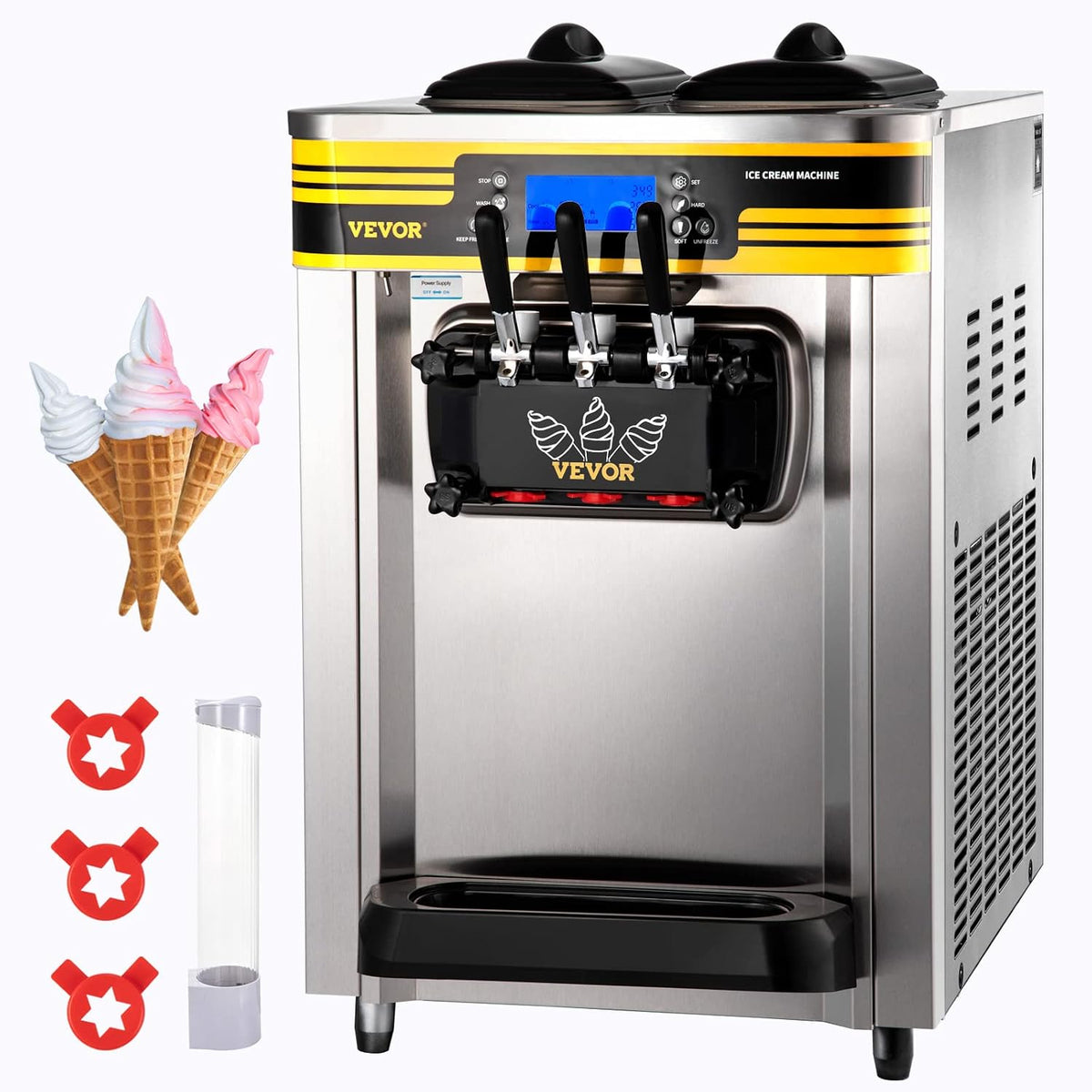 VEVOR Eismaschine, 30 L, Silber, Kommerzielle Soft 22- /h Profi- mit LCD-Display, 3 Geschmacksrichtungen, Edelstahltrichter