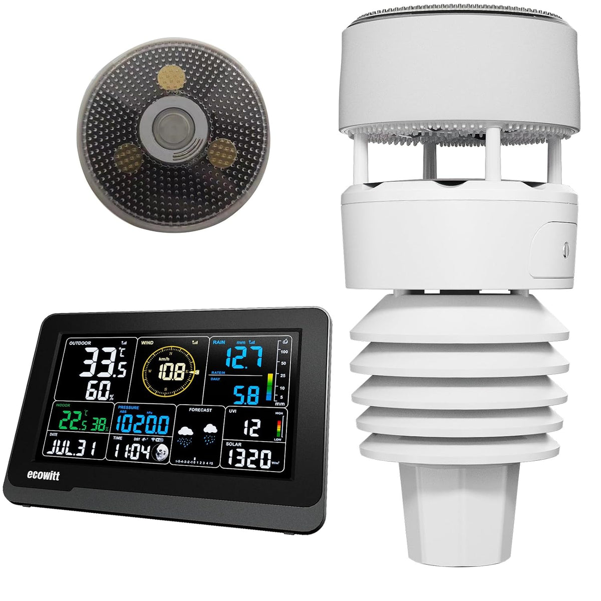 ECOWITT Wetterstationen, 7.5 Zoll, Schwarz, Wetterstation WS3901, 7 in 1 Wetterstation Wittboy Außen-Sensoreinheiten WS90